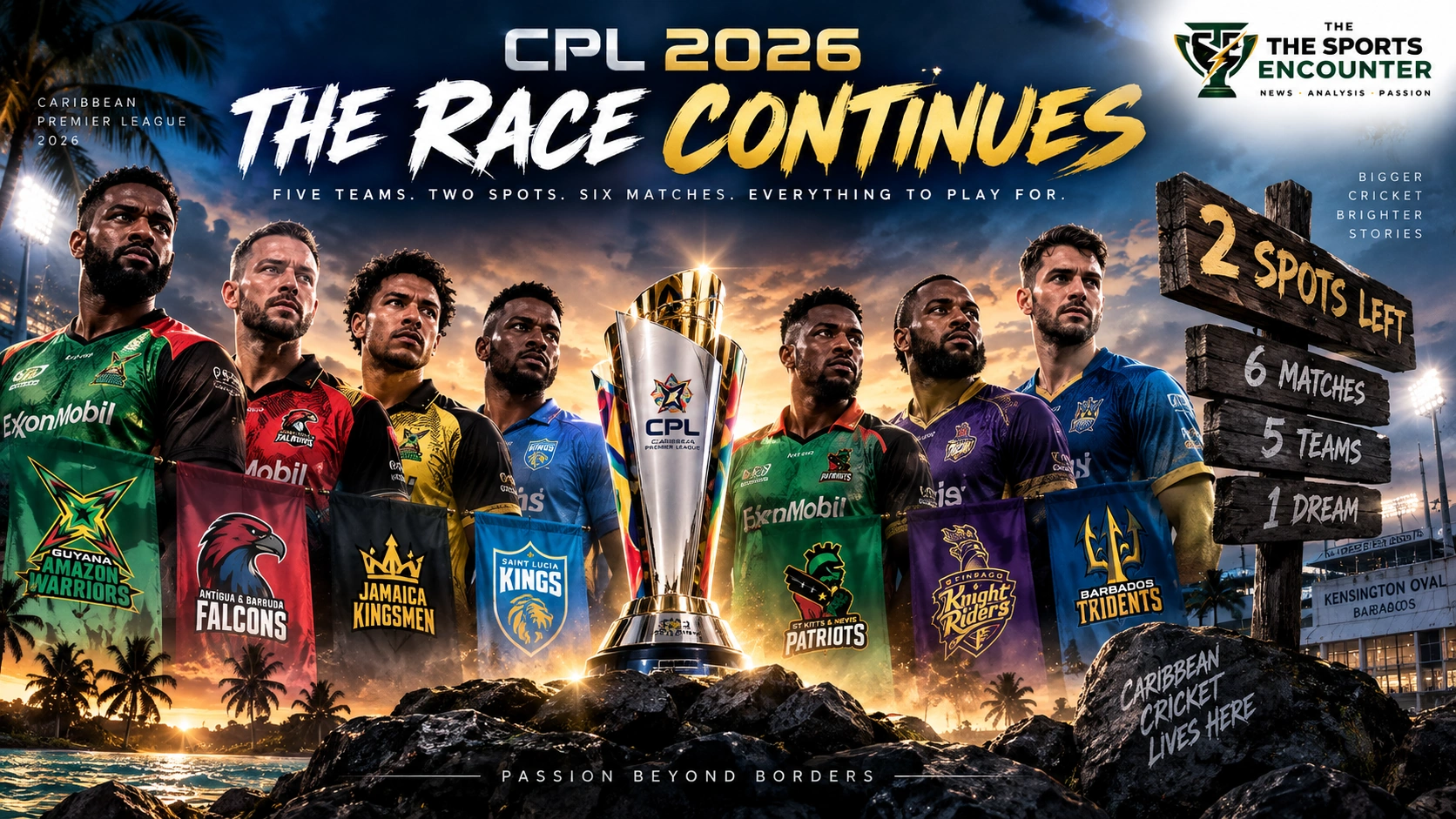 CPL 2026 playoff qualification graphic showing the five teams battling for the final two playoff spots ahead of the last six league matches.