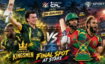 Guyana Amazon Warriors and Jamaica Kingsmen players face off under the Kensington Oval floodlights ahead of CPL 2026 Qualifier 2 in Bridgetown.