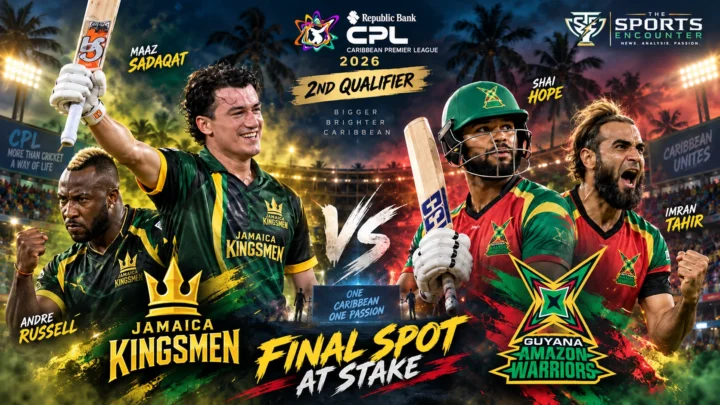 Guyana Amazon Warriors and Jamaica Kingsmen players face off under the Kensington Oval floodlights ahead of CPL 2026 Qualifier 2 in Bridgetown.