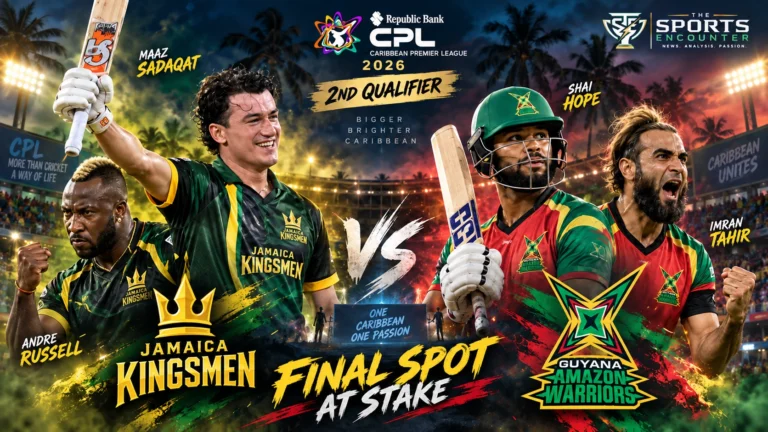 Guyana Amazon Warriors and Jamaica Kingsmen players face off under the Kensington Oval floodlights ahead of CPL 2026 Qualifier 2 in Bridgetown.