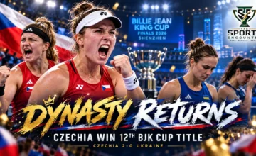 Linda Noskova and Karolina Muchova celebrate Czechia's 2-0 victory over Ukraine in the 2026 Billie Jean King Cup final in Shenzhen.