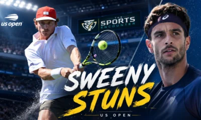 Dane Sweeny celebrates after upsetting No. 13 seed Lorenzo Musetti in four sets to reach the third round of the 2026 US Open.