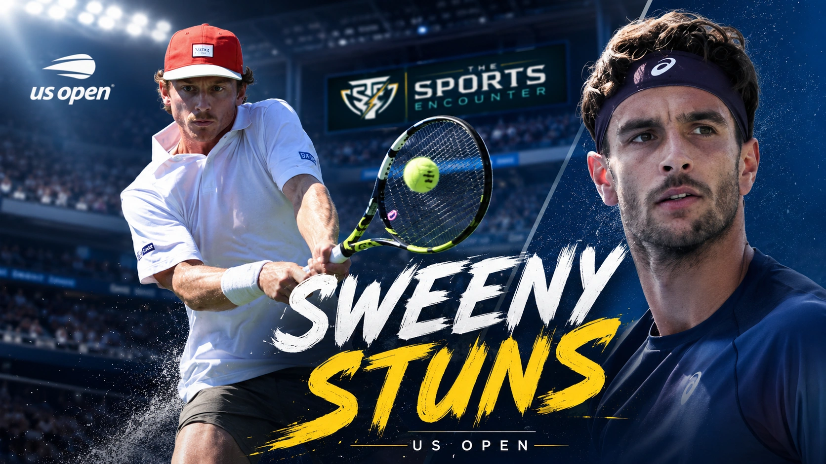 Dane Sweeny celebrates after upsetting No. 13 seed Lorenzo Musetti in four sets to reach the third round of the 2026 US Open.