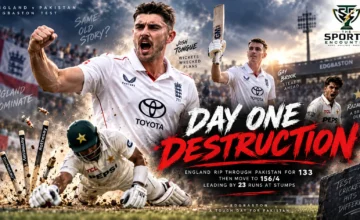 Josh Tongue celebrates during Pakistan’s first-innings collapse at Edgbaston as England seize control of Day 1 of the third Test.