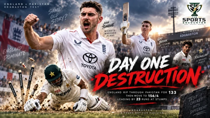 Josh Tongue celebrates during Pakistan’s first-innings collapse at Edgbaston as England seize control of Day 1 of the third Test.