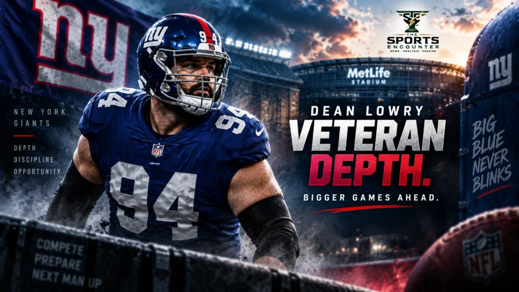 Veteran defensive lineman Dean Lowry is featured in a New York Giants Week 1 roster graphic highlighting defensive-line depth and his return from ACL surgery.