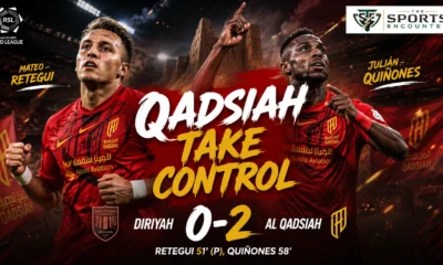 Mateo Retegui and Julián Quiñones featured in a cinematic Al-Qadsiah graphic after their goals secured a 2-0 Saudi Pro League win over Diriyah.