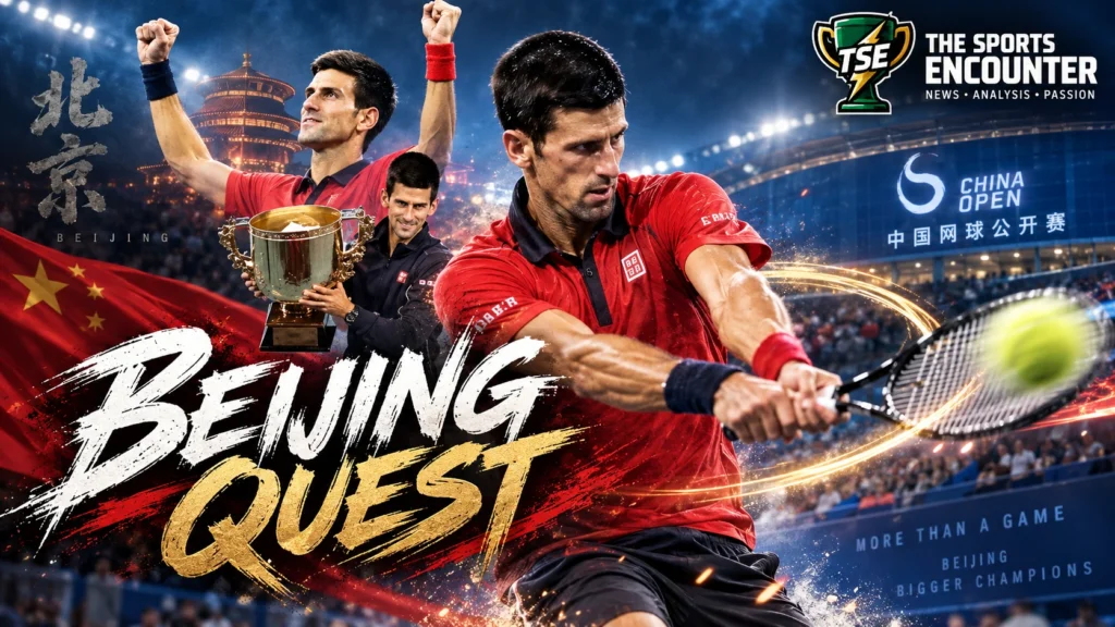 Novak Djokovic competing at the China Open in Beijing, featured in a cinematic montage with trophy imagery, stadium lights, Chinese motifs, and The Sports Encounter branding.
