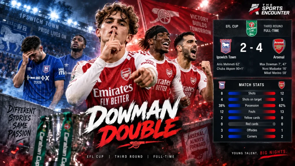 Max Dowman celebrates after scoring twice as Arsenal beat Ipswich Town 4-2 in the Carabao Cup third round at Portman Road.