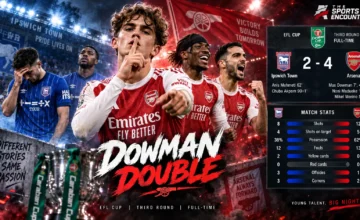 Max Dowman celebrates after scoring twice as Arsenal beat Ipswich Town 4-2 in the Carabao Cup third round at Portman Road.