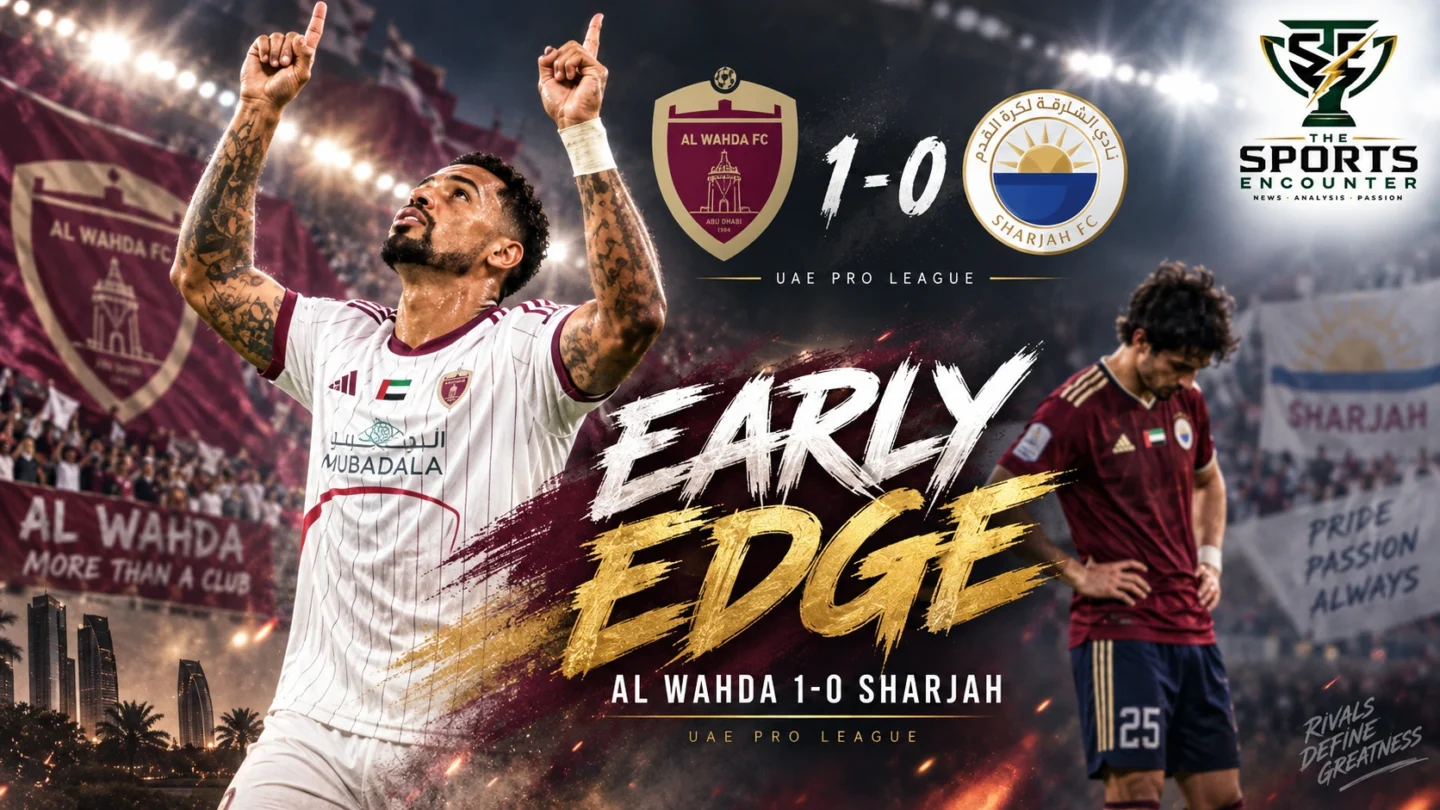 Al Wahda players celebrate during their 1-0 UAE Pro League victory over Sharjah at Al Nahyan Stadium in Abu Dhabi.