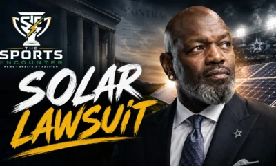 Emmitt Smith featured in a cinematic sports-business graphic about the $2.5 million civil lawsuit involving a Texas solar investment and disputed use of investor funds.