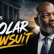 Emmitt Smith featured in a cinematic sports-business graphic about the $2.5 million civil lawsuit involving a Texas solar investment and disputed use of investor funds.