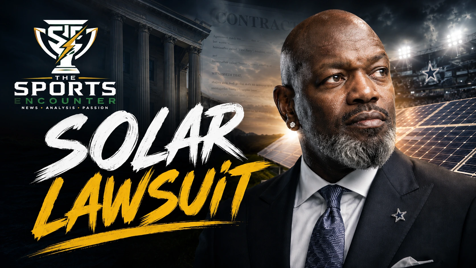 Emmitt Smith featured in a cinematic sports-business graphic about the $2.5 million civil lawsuit involving a Texas solar investment and disputed use of investor funds.