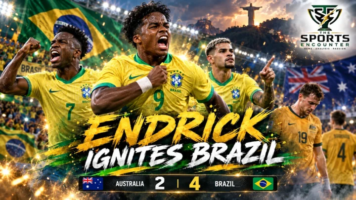 Endrick, Vinícius Júnior and Bruno Guimarães celebrate as Brazil recover from 2-1 down to beat Australia 4-2 in Brisbane
