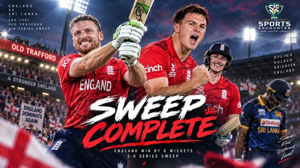 Jos Buttler celebrates an unbeaten 62 as England complete a 3-0 T20I series sweep over Sri Lanka at Old Trafford.
