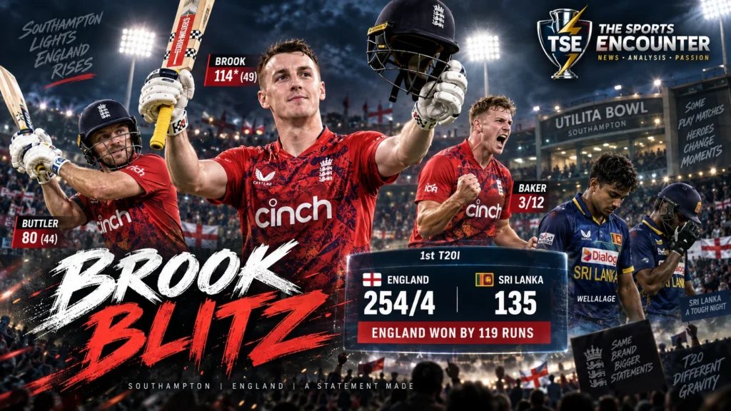 Harry Brook celebrates his unbeaten 114 as Sonny Baker leads England's attack during a 119-run first T20I victory over Sri Lanka at Southampton.