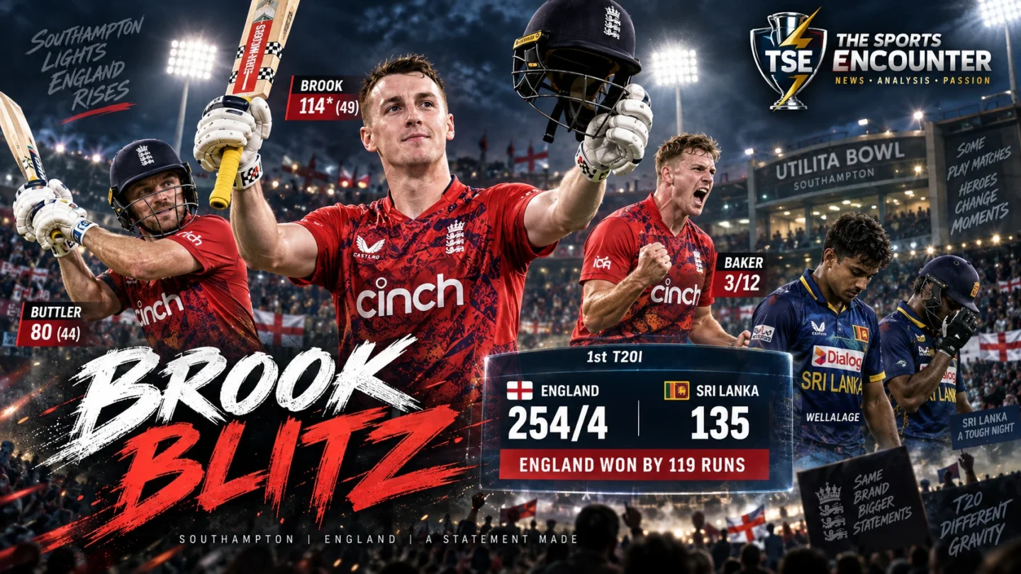 Harry Brook celebrates his unbeaten 114 as Sonny Baker leads England's attack during a 119-run first T20I victory over Sri Lanka at Southampton.