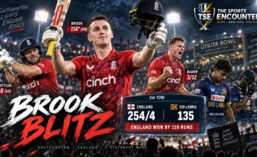 Harry Brook celebrates his unbeaten 114 as Sonny Baker leads England's attack during a 119-run first T20I victory over Sri Lanka at Southampton.