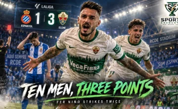 Fer Niño celebrates with Elche teammates during their 3-1 La Liga victory over Espanyol despite playing most of the match with 10 men.