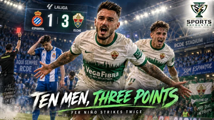 Fer Niño celebrates with Elche teammates during their 3-1 La Liga victory over Espanyol despite playing most of the match with 10 men.