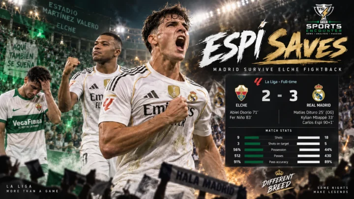 Carlos Espí celebrates his stoppage-time winner as Real Madrid survive Elche's two-goal comeback to win 3-2 at the Martínez Valero.