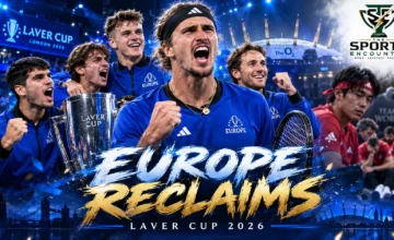Alexander Zverev celebrates with Team Europe after defeating Learner Tien to clinch the 2026 Laver Cup against Team World at The O2 in London.