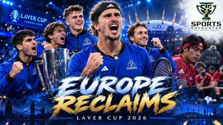 Alexander Zverev celebrates with Team Europe after defeating Learner Tien to clinch the 2026 Laver Cup against Team World at The O2 in London.