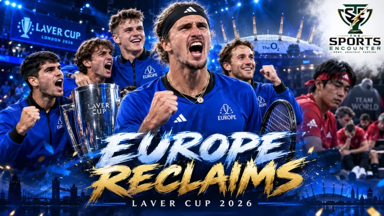 Alexander Zverev celebrates with Team Europe after defeating Learner Tien to clinch the 2026 Laver Cup against Team World at The O2 in London.