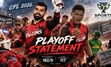 Shadab Khan and Alzarri Joseph celebrate Antigua and Barbuda Falcons’ 65-run victory over Guyana Amazon Warriors in CPL 2026 at Providence Stadium.