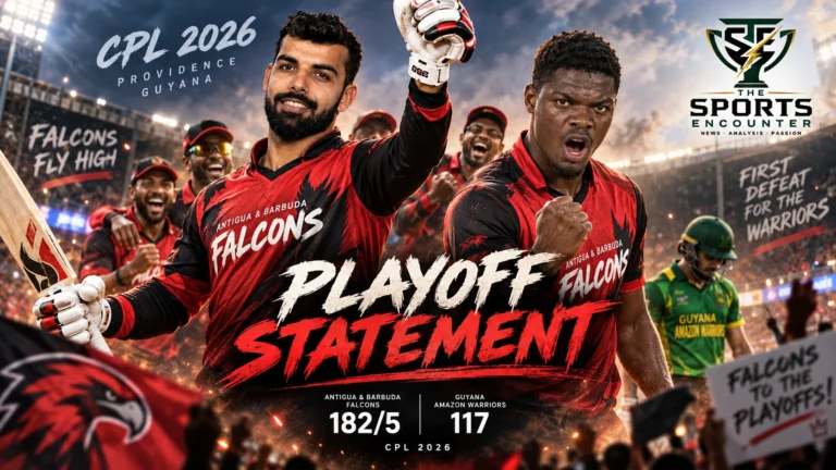 Shadab Khan and Alzarri Joseph celebrate Antigua and Barbuda Falcons’ 65-run victory over Guyana Amazon Warriors in CPL 2026 at Providence Stadium.