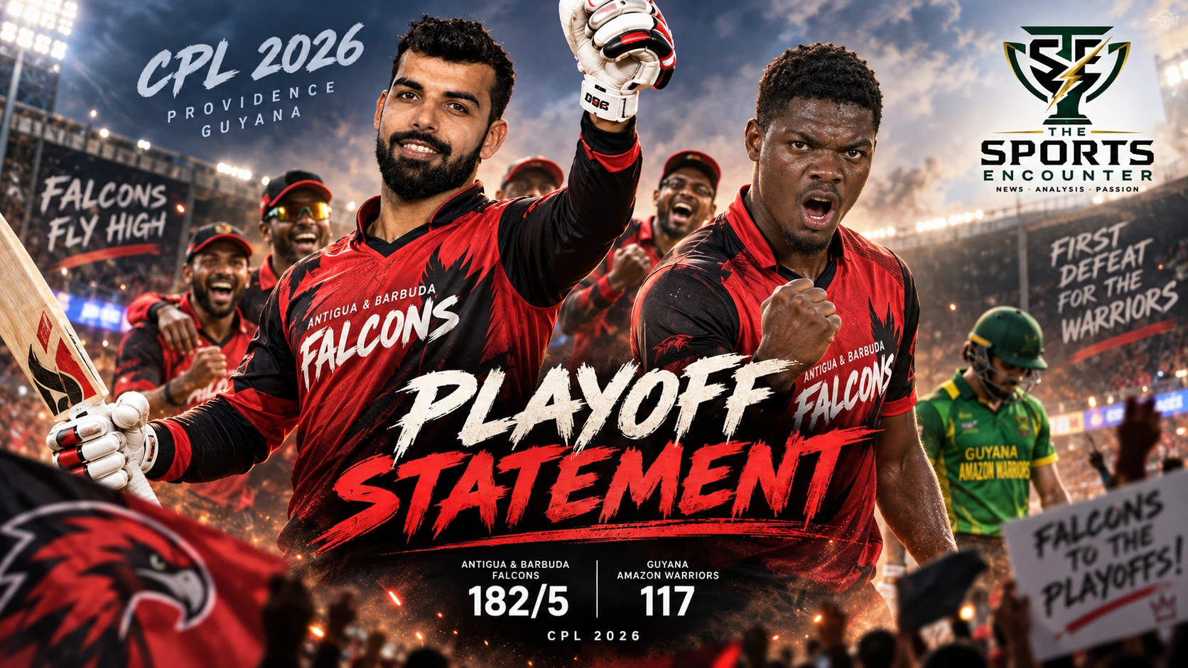 Shadab Khan and Alzarri Joseph celebrate Antigua and Barbuda Falcons’ 65-run victory over Guyana Amazon Warriors in CPL 2026 at Providence Stadium.
