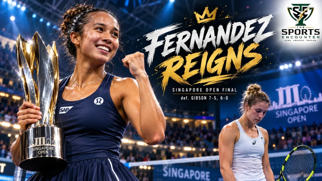 Leylah Fernandez celebrates after defeating Talia Gibson 7-5, 6-0 to win the 2026 Singapore Tennis Open at OCBC Arena.