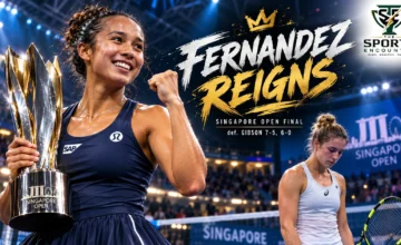 Leylah Fernandez celebrates after defeating Talia Gibson 7-5, 6-0 to win the 2026 Singapore Tennis Open at OCBC Arena.