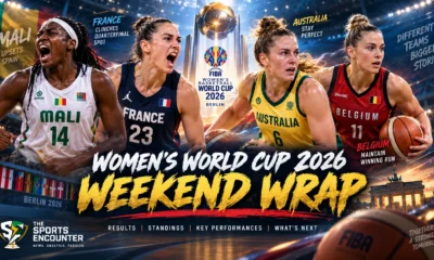 Women’s basketball players from Mali, France, Australia and Belgium feature in a cinematic FIBA Women’s World Cup 2026 weekend wrap graphic highlighting major results and qualification battles.