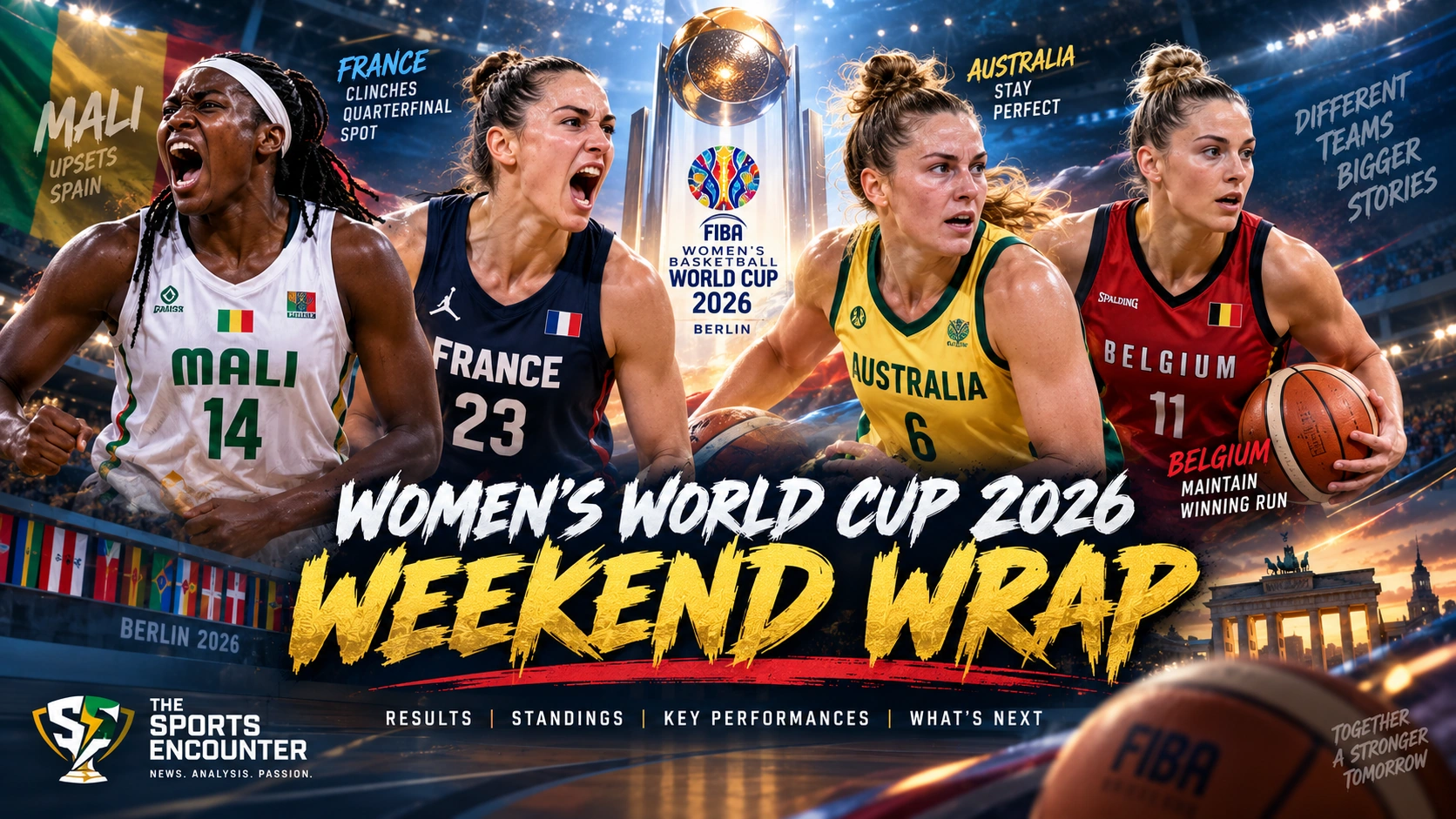 Women’s basketball players from Mali, France, Australia and Belgium feature in a cinematic FIBA Women’s World Cup 2026 weekend wrap graphic highlighting major results and qualification battles.