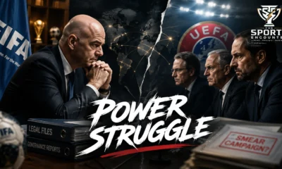 Gianni Infantino and UEFA officials featured in a cinematic FIFA governance graphic highlighting the escalating legal and political fight over the abandoned FIFA Forward Enterprise plan.