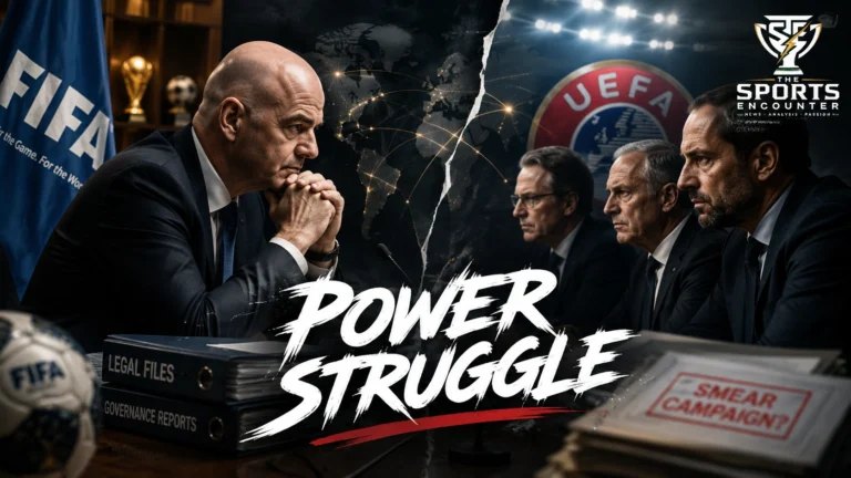 Gianni Infantino and UEFA officials featured in a cinematic FIFA governance graphic highlighting the escalating legal and political fight over the abandoned FIFA Forward Enterprise plan.