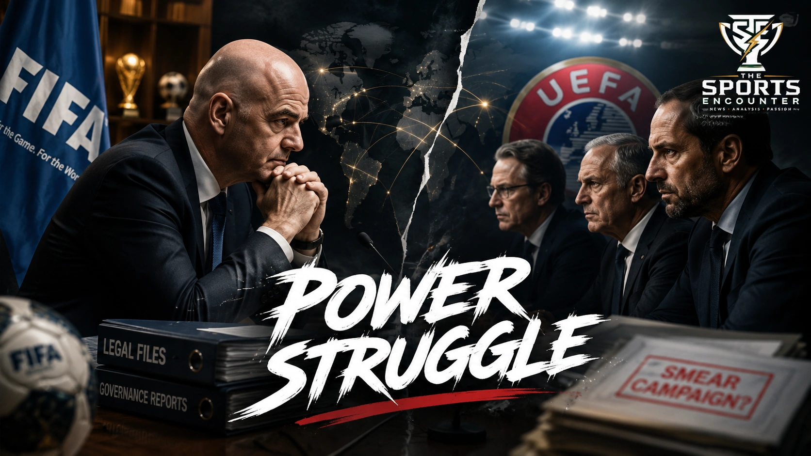Gianni Infantino and UEFA officials featured in a cinematic FIFA governance graphic highlighting the escalating legal and political fight over the abandoned FIFA Forward Enterprise plan.
