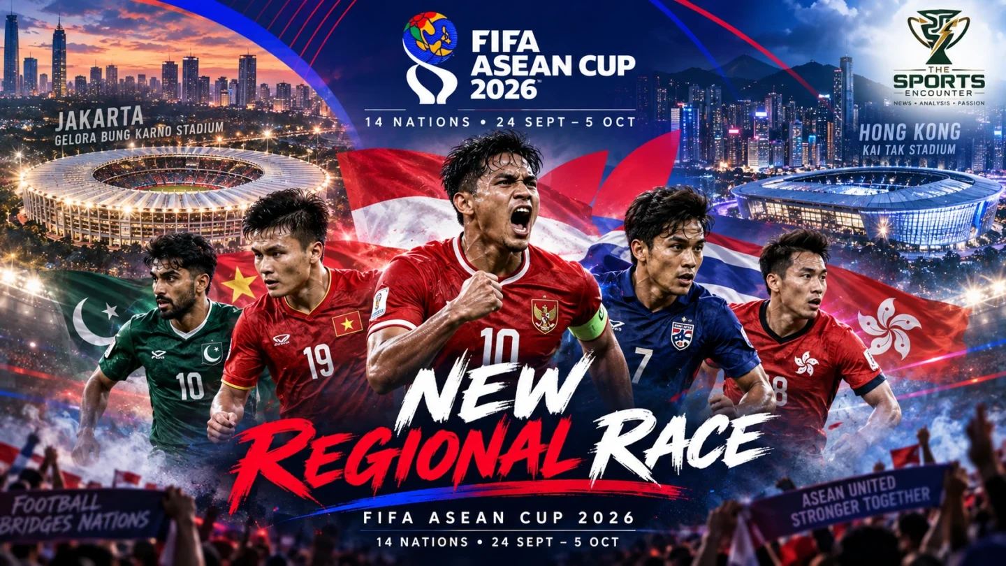FIFA ASEAN Cup 2026 trophy surrounded by players representing Vietnam, Thailand, Indonesia and Pakistan with Jakarta and Hong Kong host stadiums in the background.