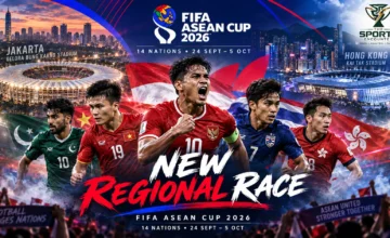 FIFA ASEAN Cup 2026 trophy surrounded by players representing Vietnam, Thailand, Indonesia and Pakistan with Jakarta and Hong Kong host stadiums in the background.
