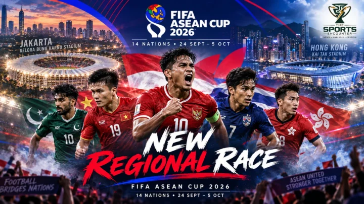 FIFA ASEAN Cup 2026 trophy surrounded by players representing Vietnam, Thailand, Indonesia and Pakistan with Jakarta and Hong Kong host stadiums in the background.