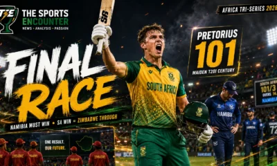 Lhuan-dre Pretorius celebrates his maiden T20I century for South Africa against Namibia as the result shapes the Namibia-Zimbabwe qualification race for the 2026 FNB T20 Tri-Series final.