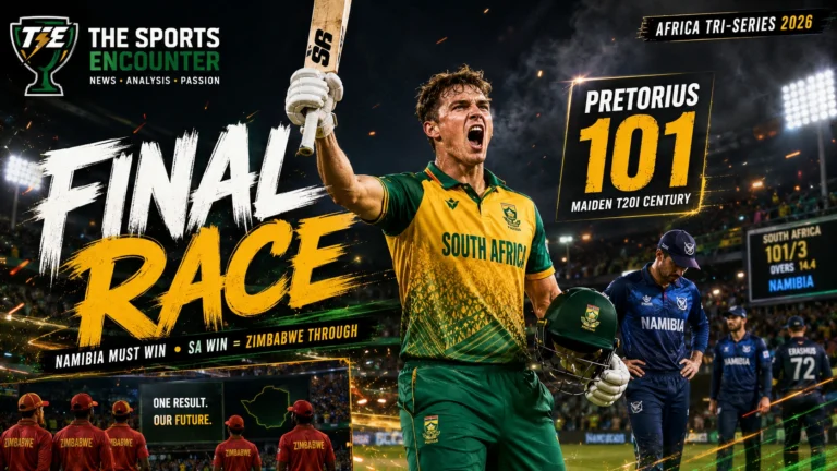 Lhuan-dre Pretorius celebrates his maiden T20I century for South Africa against Namibia as the result shapes the Namibia-Zimbabwe qualification race for the 2026 FNB T20 Tri-Series final.
