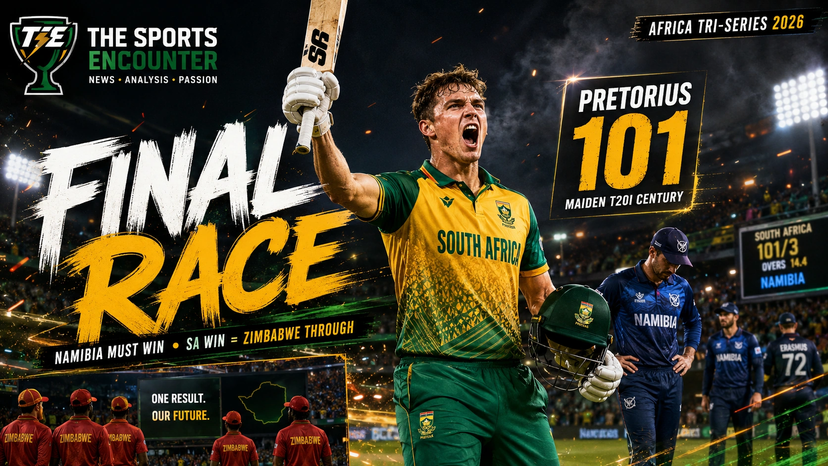 Lhuan-dre Pretorius celebrates his maiden T20I century for South Africa against Namibia as the result shapes the Namibia-Zimbabwe qualification race for the 2026 FNB T20 Tri-Series final.
