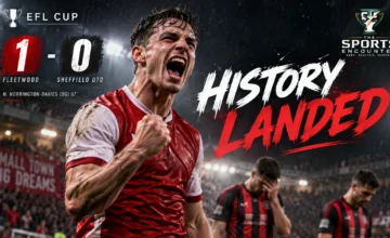 Fleetwood Town players celebrate their historic 1-0 Carabao Cup victory over Sheffield United at Highbury Stadium.