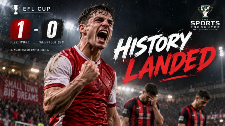 Fleetwood Town players celebrate their historic 1-0 Carabao Cup victory over Sheffield United at Highbury Stadium.