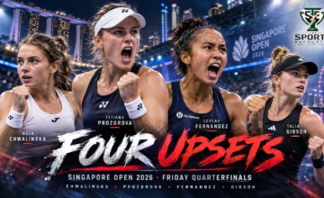 Maja Chwalinska, Tatiana Prozorova, Leylah Fernandez and Talia Gibson after winning Friday quarterfinals at the 2026 Singapore Tennis Open.