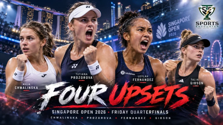 Maja Chwalinska, Tatiana Prozorova, Leylah Fernandez and Talia Gibson after winning Friday quarterfinals at the 2026 Singapore Tennis Open.