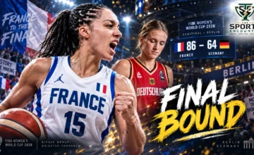 Gabby Williams celebrates France’s 86-64 semifinal victory over Germany at the 2026 FIBA Women’s Basketball World Cup in Berlin as France reaches its first World Cup final.